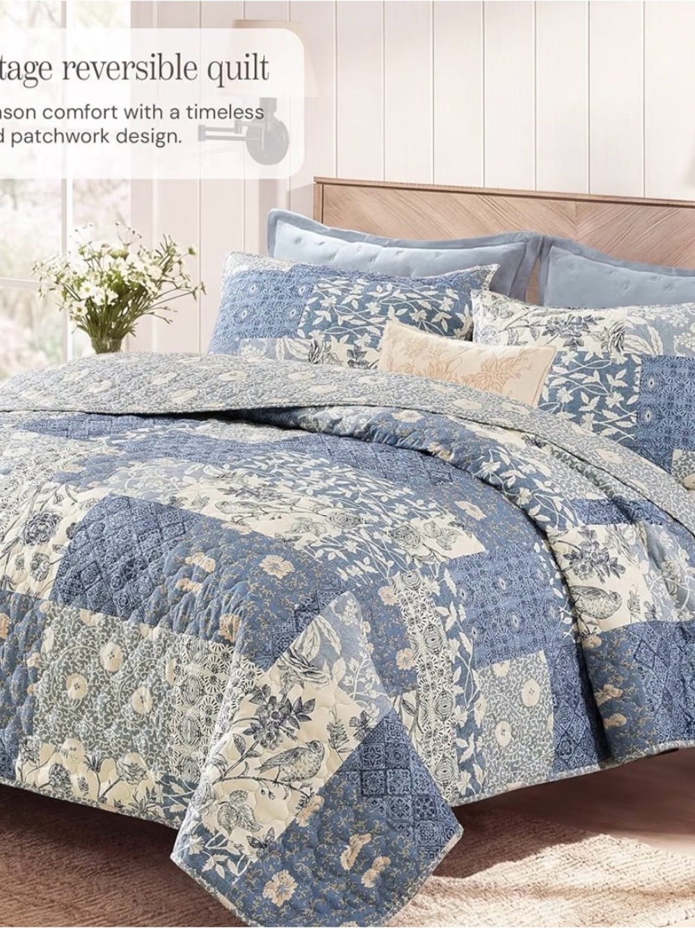 Reversible Blue Patchwork Quilt Set -